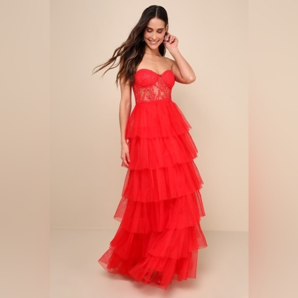 LULU’S RADIANT DESIGN TULLE LACE STRAPLESS BUSTIER MAXI DRESS